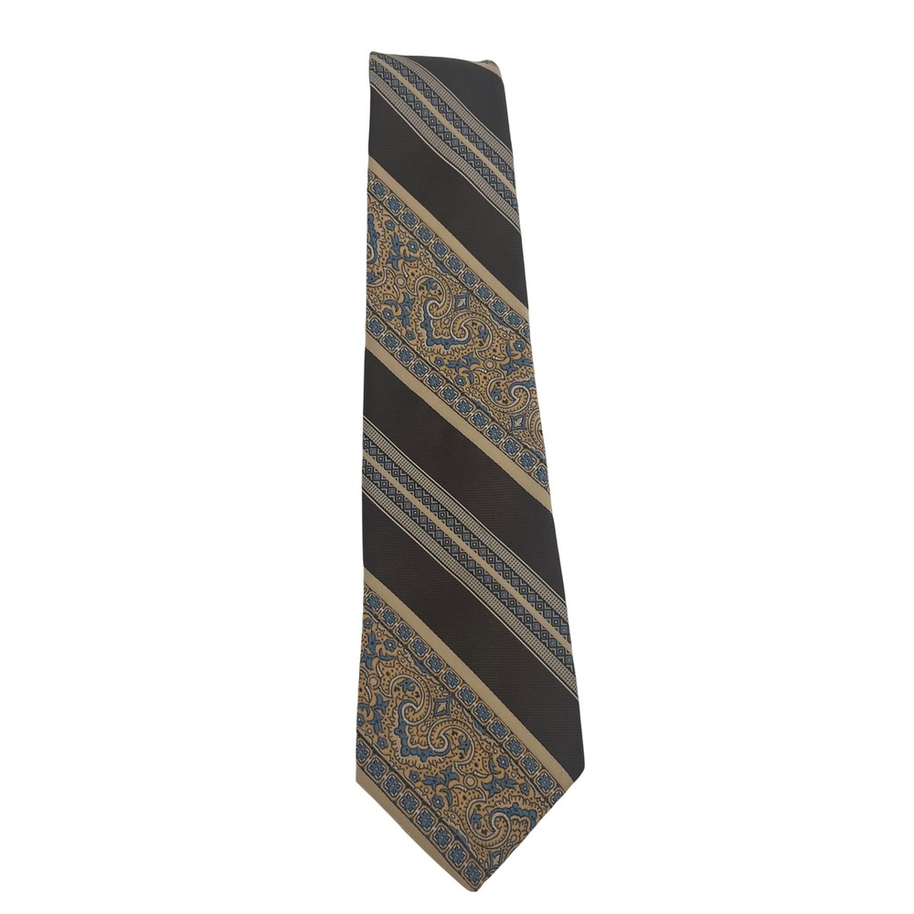 VTG Don Loper MCM Brown Peach Blue Floral Paisley Striped Beverly Hills Tie 70's